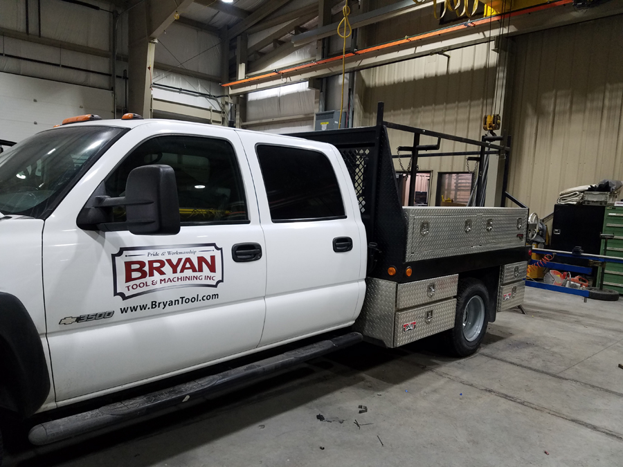 Service truck bed with tool storage fabricated in the Bryan Tool shop