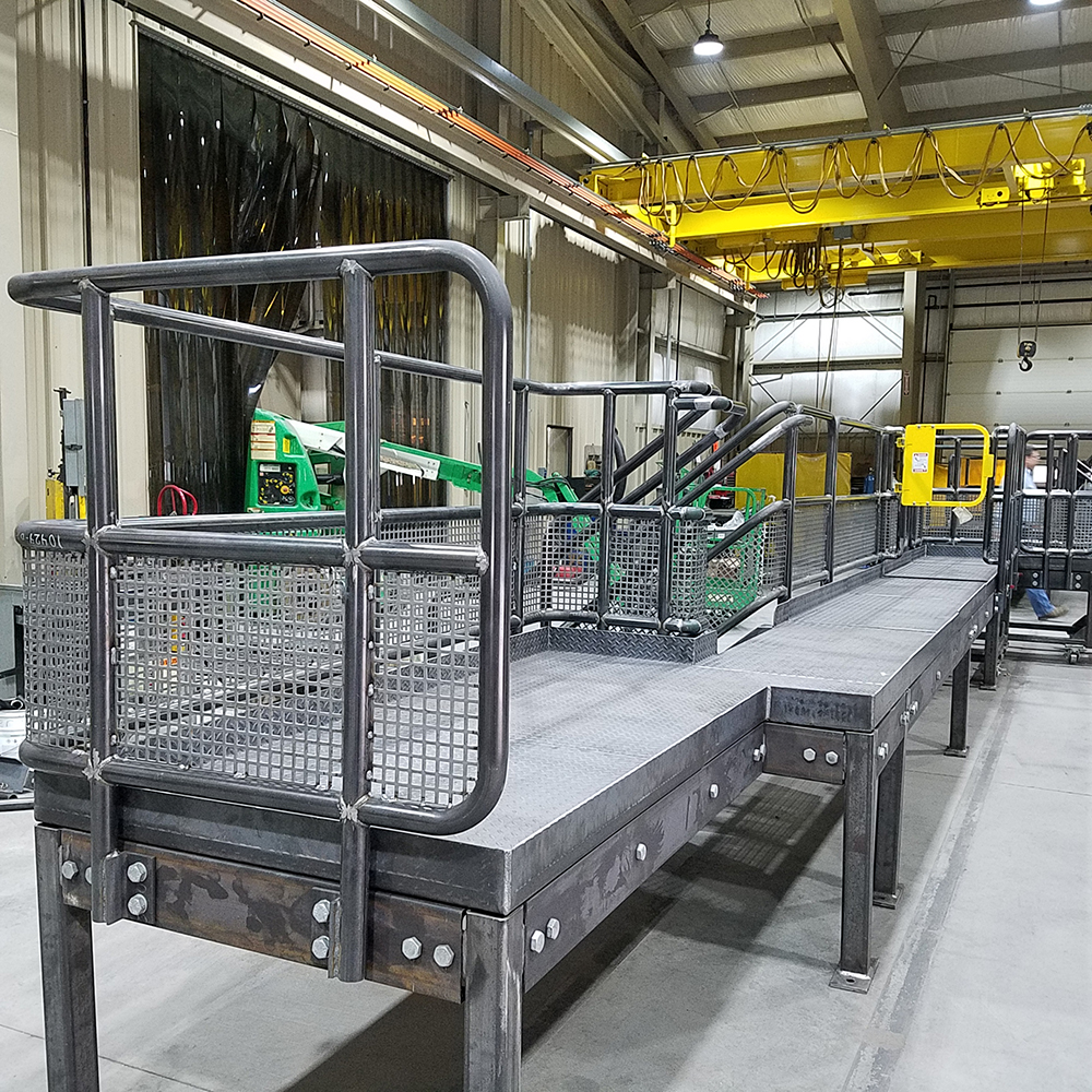 Elevated work platform and walkway fabricated for production machinery