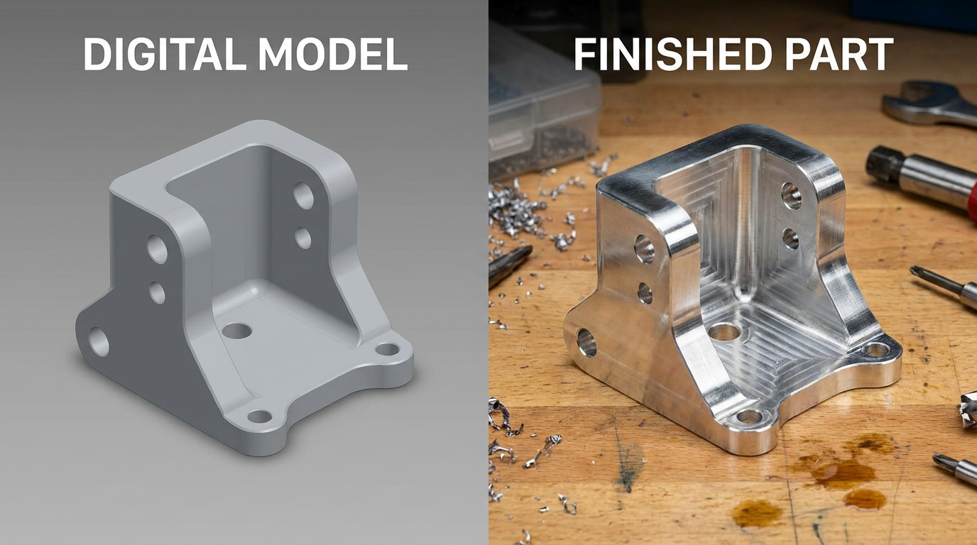3D CAD model beside the finished machined part